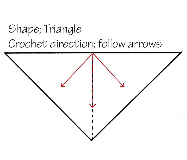 May include: A black and white diagram illustrating a crochet pattern. The shape is a triangle, with instructions to follow the arrows for the crochet direction. Red arrows indicate the direction of the crochet.