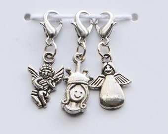 Steek marker, voortgang keeper, set van 3, 2 engelen en een prinses, charms cadeau voor haakster, breien cadeau hanger