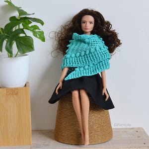 Puede incluir: Una muñeca con un chal de ganchillo turquesa y una falda negra. La muñeca tiene el pelo largo castaño y está sentada sobre una base cubierta de cuerda tejida. Una planta en maceta es visible en el fondo.