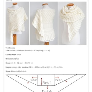 May include: A white crochet shawl with an elongated half-circle shape, featuring textured stitch patterns including bobbles and ribbed sections. The design is displayed on a mannequin in three views, with a diagram showing four construction parts.
