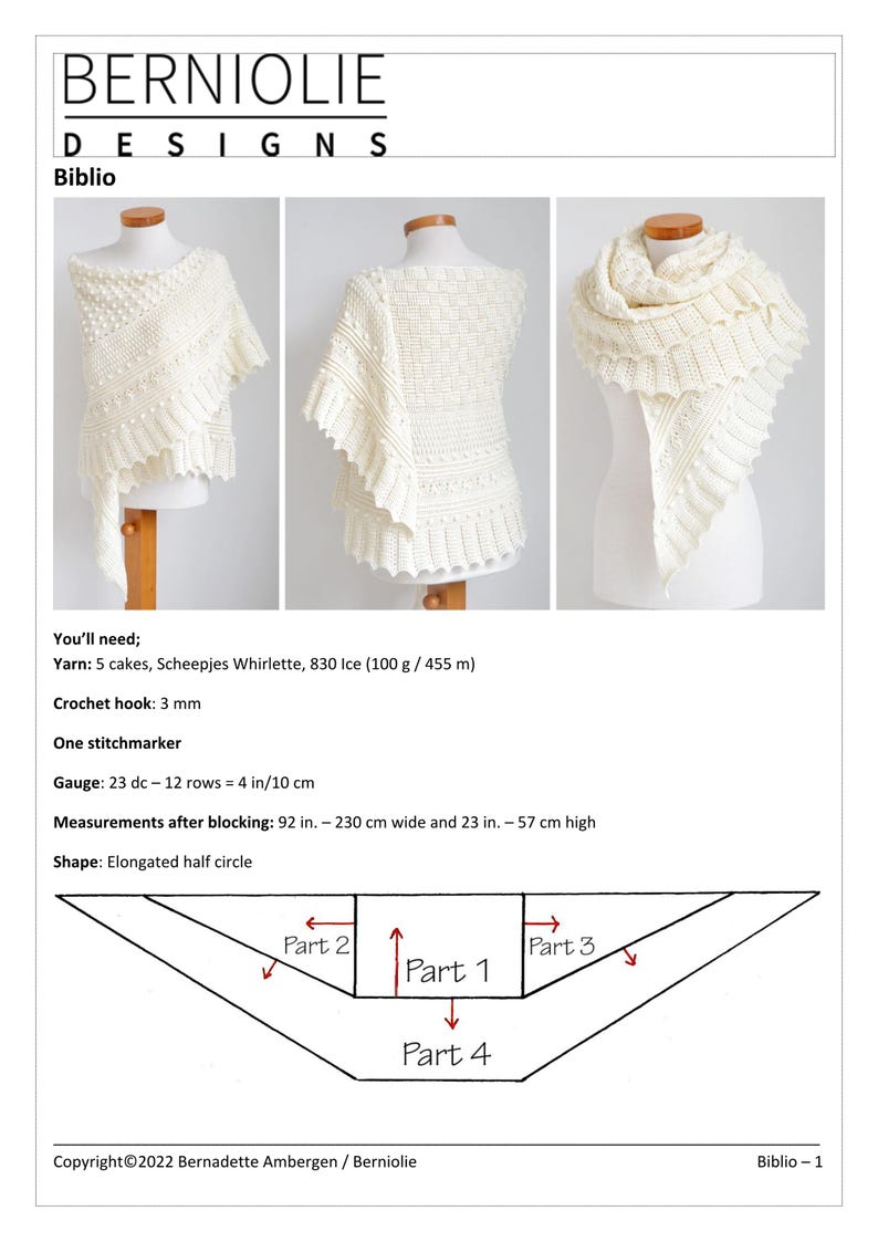 May include: A white crochet shawl with an elongated half-circle shape, featuring textured stitch patterns including bobbles and ribbed sections. The design is displayed on a mannequin in three views, with a diagram showing four construction parts.