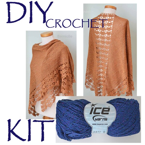 DIY Crochet Kit, Crochet shawl kit, Spring, INDIGO, yarn and pattern