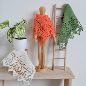 Puede incluir: Un chal de ganchillo naranja sobre un maniquí de madera, con un chal verde colgado de una pequeña escalera de madera. Un chal de ganchillo blanco y una planta en maceta están sobre una estantería de madera. Los chales tienen diseños calados.