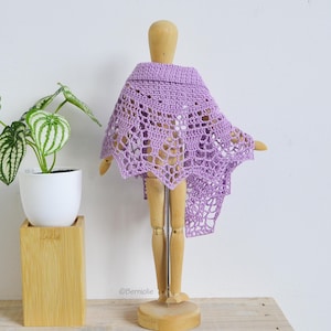 Puede incluir: Un chal de ganchillo lavanda con un diseño calado se exhibe en un maniquí de madera. El chal tiene un borde festoneado y está drapeado sobre los hombros del maniquí. Una planta en maceta en una maceta blanca está a la izquierda.