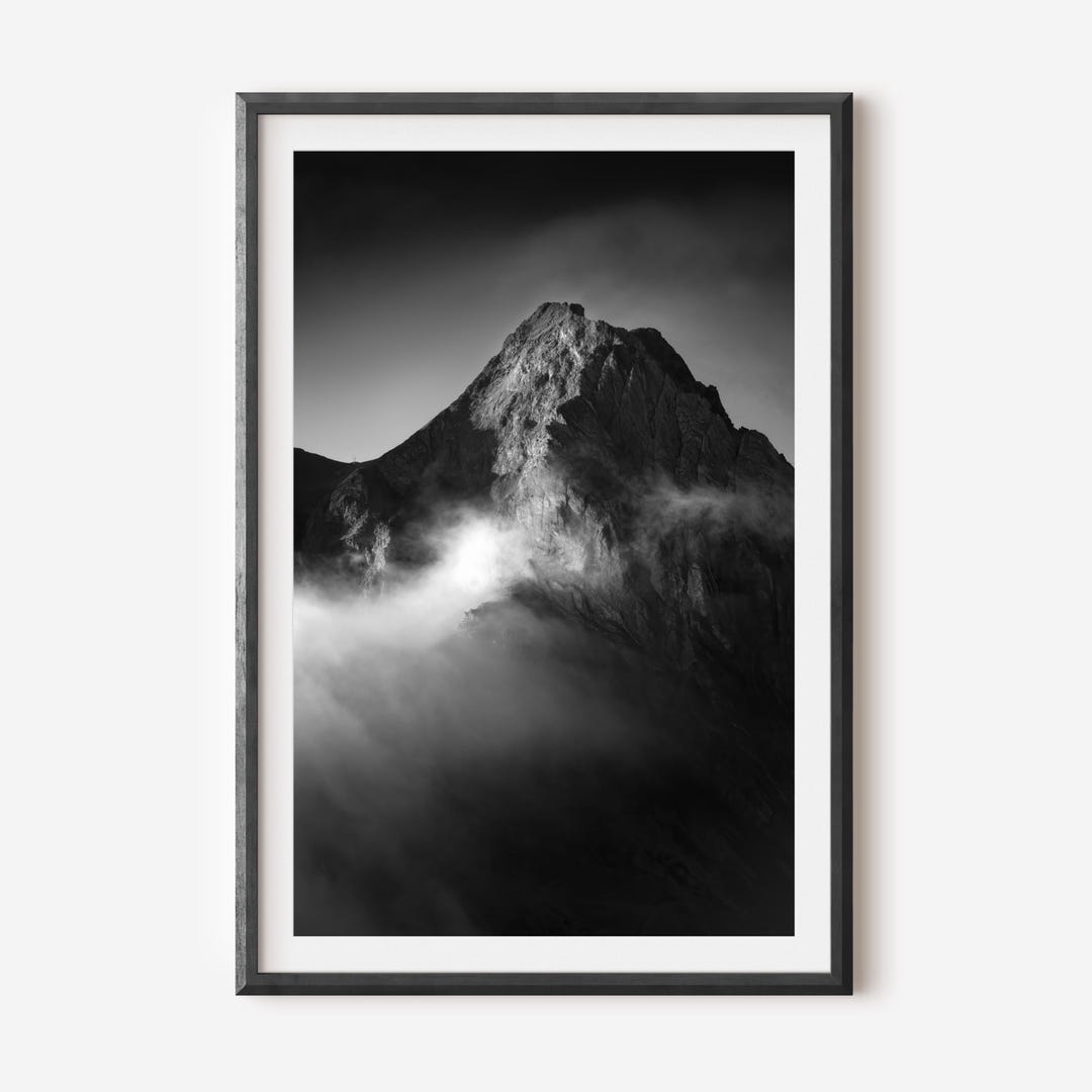 Black and White Mountain Wall Art - Minimalist Misty Peak Photography ...