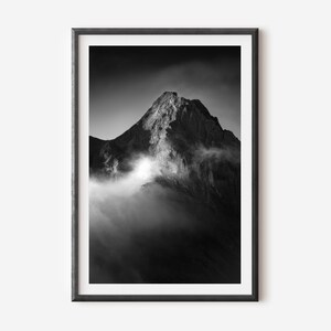 Black and White Mountain Wall Art - Minimalist Misty Peak Photography Print for Modern Home Decor, Elegant Nature Wall Art for Living Spaces