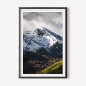 Moody Landscape Wall Art - Snow Covered Mountain Peak Print, Fine Art Photography, Dark Minimalist Decor, Dramatic Winter Nature Scene