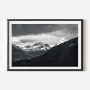Black and White Mountain Print, Moody Alpine Landscape Photography, Minimalist Snowy Peaks Wall Art, Fine Art Nature Poster Decor