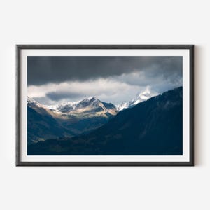Mountain Landscape Photography Print, Moody Alps Wall Art, Dramatic Snow Peak Nature Decor, Fine Art Poster for Rustic Modern Home