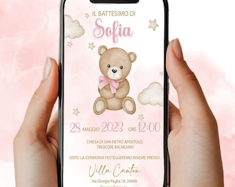 Digitale Einladung Taufe Teddybär - Baby Mädchen - Whatsapp/Digital Invitation