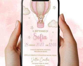 Digitale Einladung Taufe Teddybär mit Heißluftballon - Baby Mädchen - Whatsapp/Digital Invitation