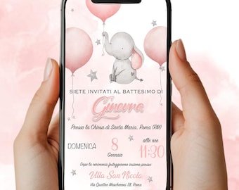 Digitale Einladung Taufe Elefant mit Luftballons - Baby Mädchen - Whatsapp/Digital Invitation
