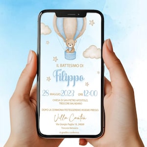 Invito Digitale Battesimo Orsetto con mongolfiera - Bimbo - Invito Whatsapp/Digitale
