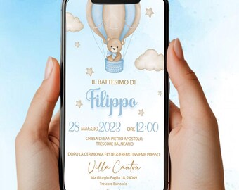 Digitale Einladung Taufe Teddybär mit Heißluftballon - Baby - Whatsapp/Digital Invitation