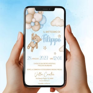 Invito Digitale Battesimo Orsetto con palloncini - Bimbo - Invito Whatsapp/Digitale