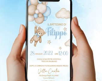 Digitale Einladung Taufe Teddybär mit Luftballons - Baby - Whatsapp/Digital Invitation
