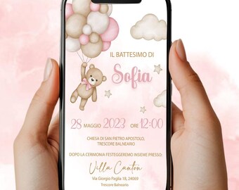 Digitale Einladung Taufe Teddybär mit Luftballons - Baby Mädchen - Whatsapp/Digital Invitation