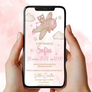 Invito Digitale Battesimo Orsetto su aeroplano - Bimba - Invito Whatsapp/Digitale