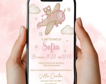 Digitale Einladung Taufe Teddybär im Flugzeug - Baby Mädchen - Whatsapp/Digital Invitation
