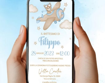 Digitale Einladung Taufe Teddybär im Flugzeug - Baby - Whatsapp/Digital Invitation
