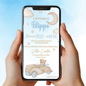 Invito Digitale Battesimo Orsetto in macchina - Bimbo - Invito Whatsapp/Digitale