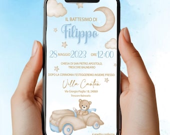 Digitale Einladung Taufe Teddybär im Auto - Baby - Whatsapp/Digital Invitation