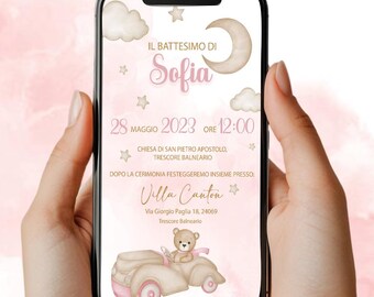 Digitale Einladung Taufe Teddybär mit Auto - Baby Mädchen - Whatsapp/Digital Invitation