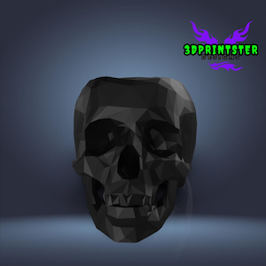 May include: A black, geometric skull with a faceted design. The skull is the central focus against a dark blue background. The text "3DPRINTSER DESIGNS" is in green and purple.