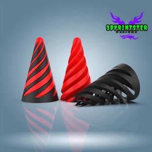 May include: Three 3D printed cones, two are red and black striped and one is black with a geometric pattern. The cones are on a light blue background. 3DPRINTSTER DESIGNS is written in white text on a red and black flame design.