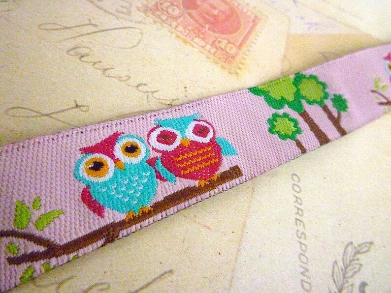 Owls on Pink Jacquard Ribbon 15mm x 1 meter