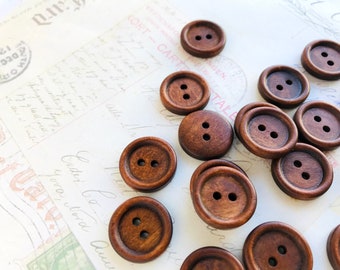 Round Wooden Buttons, Three Quarter Inch, 20mm, Dark Coffee Coloured