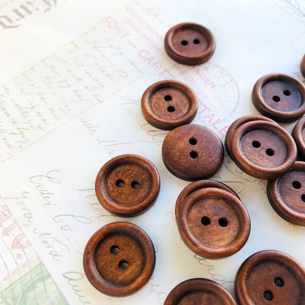 Round Wooden Buttons, Three Quarter Inch, 20mm, Dark Coffee Coloured