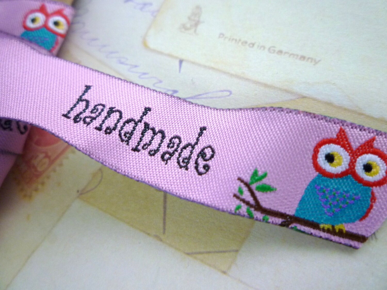 Owls on Pink Jacquard Ribbon 15mm x 1 meter