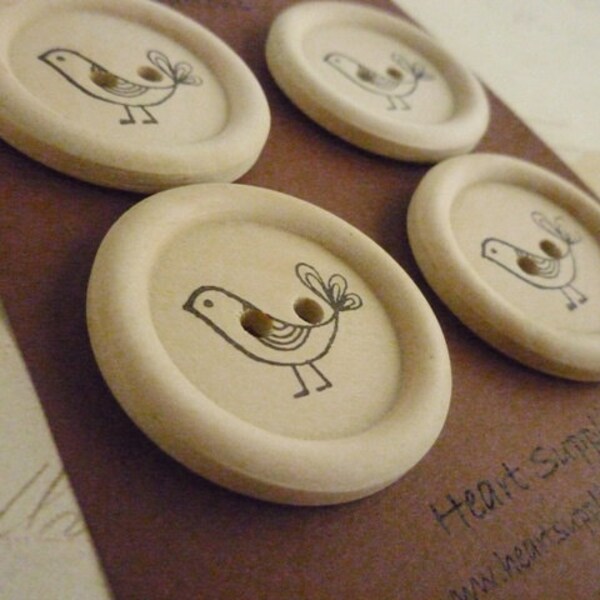 Wooden Buttons - Stamped Bird Collection - 35mm