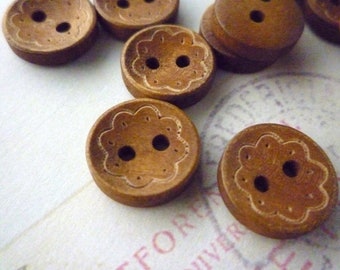 Buttons with Flower Pattern, Brown Wood - 13mm
