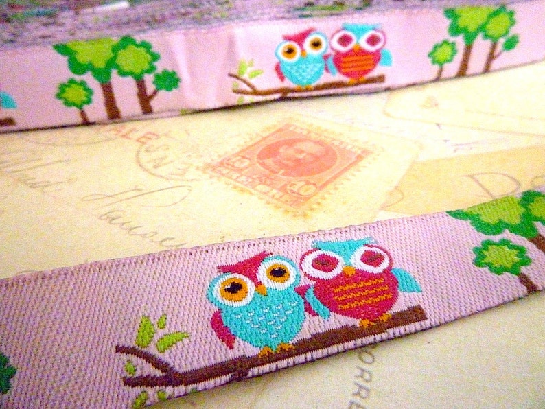 Owls on Pink Jacquard Ribbon 15mm x 1 meter