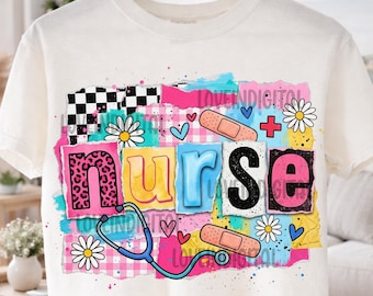 Retro Collage Floral Nurse Png, Colorful Floral Nurse Quote Sublimation Design, Coquette Pink Checkered Trendy Png Digital Download