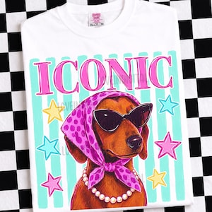Può includere: T-shirt bianca con grafica di un bassotto con occhiali da sole, foulard rosa a pois e collana di perle. La parola "ICONIC" è stampata in rosa sopra il cane, con stelle colorate.