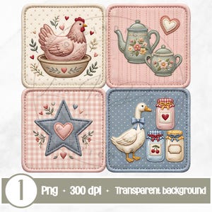 Puede incluir: Juego de cuatro posavasos cuadrados decorativos con tem&aacute;tica campestre. Los dise&ntilde;os incluyen una gallina en un cuenco, una tetera y azucarero, una estrella y un ganso con tarros de conservas. Cada posavasos tiene un borde cosido.