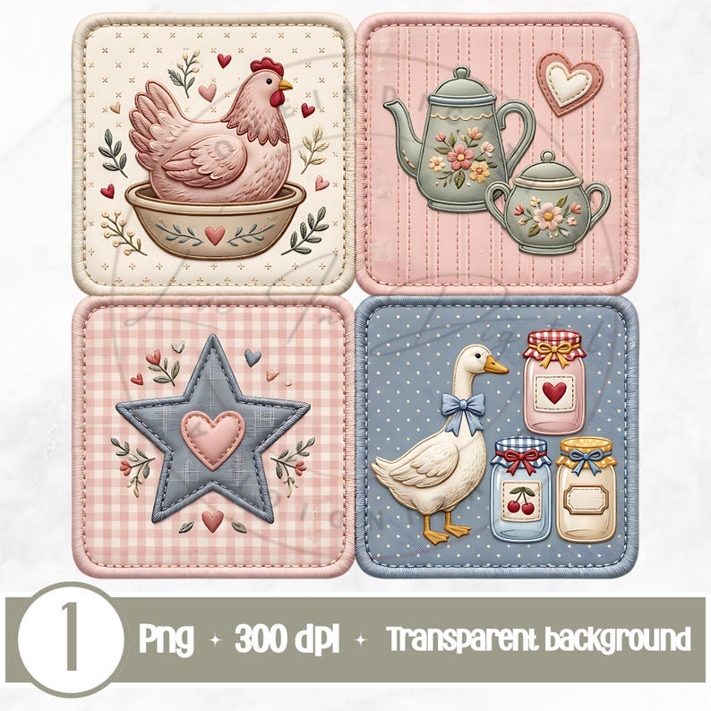 Puede incluir: Juego de cuatro posavasos cuadrados decorativos con tem&aacute;tica campestre. Los dise&ntilde;os incluyen una gallina en un cuenco, una tetera y azucarero, una estrella y un ganso con tarros de conservas. Cada posavasos tiene un borde cosido.