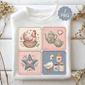 Puede incluir: Sudadera blanca con cuatro parches cuadrados con ilustraciones de tem&aacute;tica campestre. Los dise&ntilde;os incluyen una gallina, un juego de teteras, una estrella con un coraz&oacute;n y un ganso con tarros de mermelada. La imagen tiene una etiqueta PNG.