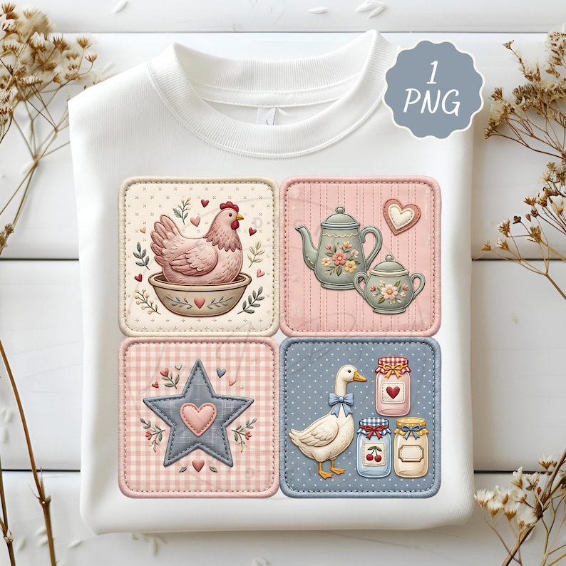 Puede incluir: Sudadera blanca con cuatro parches cuadrados con ilustraciones de tem&aacute;tica campestre. Los dise&ntilde;os incluyen una gallina, un juego de teteras, una estrella con un coraz&oacute;n y un ganso con tarros de mermelada. La imagen tiene una etiqueta PNG.