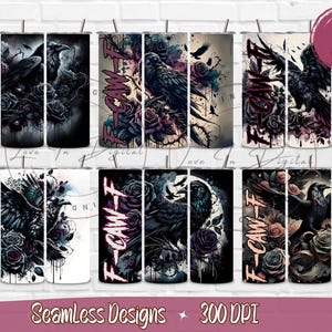 Puede incluir: Seis diseños de vasos sin costuras con un cuervo, rosas y el texto "F-CAW-F" en estilo gótico. Los diseños son en tonos negro, morado y gris, con efecto acuarela. La imagen también incluye el texto "Seamless Designs" y "300 DPI".