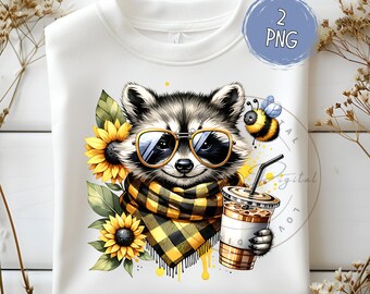 Süße Sonnenblume Waschbär Clipart Shirt Sublimation Design digitaler Download PNG Instant DIGITAL UVDTF, Glas Png Design, Tshirt Design
