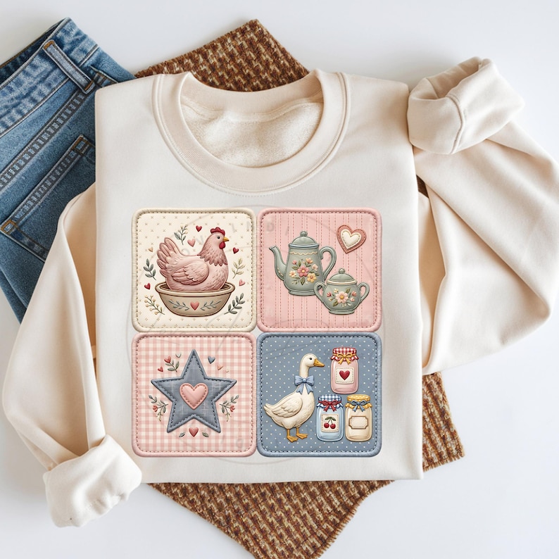 Puede incluir: Sudadera color crema con cuatro parches cuadrados con ilustraciones de tem&aacute;tica campestre. Los parches representan una gallina, tazas de t&eacute;, una estrella y un ganso con tarros de conservas. El dise&ntilde;o incluye acentos rosas, azules y verdes, creando una est&eacute;tica acogedora de granja.