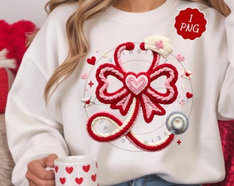 Preppy Faux Yarn Nurse Valentine PNG, Pink Red Heart Valentines day png Design, Girly Valentine Shirt Png, Nurse Coquette png