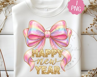 Happy New Year 2026 Png, Retro New Years Png, Pink Coquette Bow Png, Hello 2026 PNG, Trendy Sequins, Glitter Faux Sparkly New Year Shirt PNG
