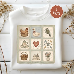 May include: White sweatshirt featuring a patchwork design with illustrations of a hen in a basket, a goose, lavender, a teapot set, a heart, stars, a basket of apples, a house, and flowers. The design is in soft, muted colors.