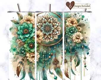 Boho Floral Dreamcatcher Tumbler Wrap, Skinny Tumbler Sublimation Design (Digital Download)