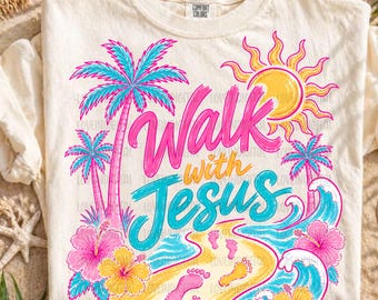 Walk With Jesus PNG, Christian Summer Shirt Design, Beach Faith Graphic, Retro Palm Tree Ocean Trendy PNG, Faith Based Sublimation Design